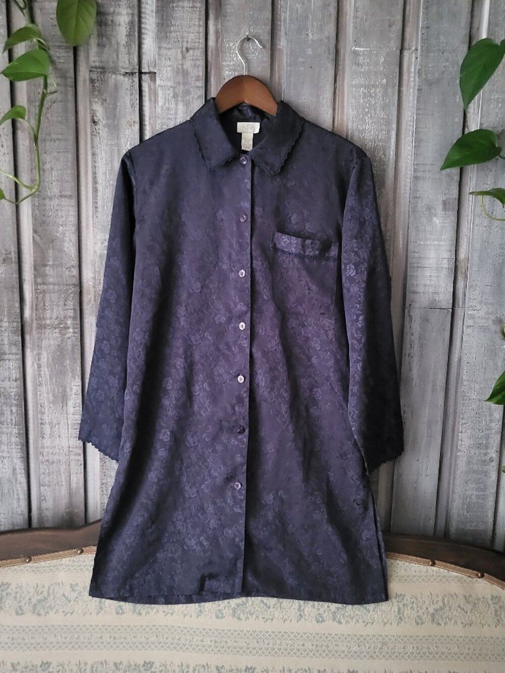 Vintage La Senza Navy Blue Satin Jacquard Floral Nightshirt Lingerie P/S
